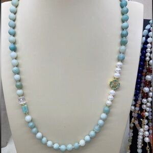 Light Blue Amazonite with Freshwater Pearl Sweater Necklace
